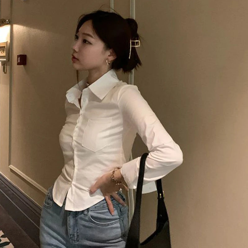 Gidyq Elegante Vrouwen Koreaanse Shirts Mode Streetwear Vrouwelijke Slanke Blouse Lente Y2K Casual Office Dames Sexy Cropped Tops Nieuw