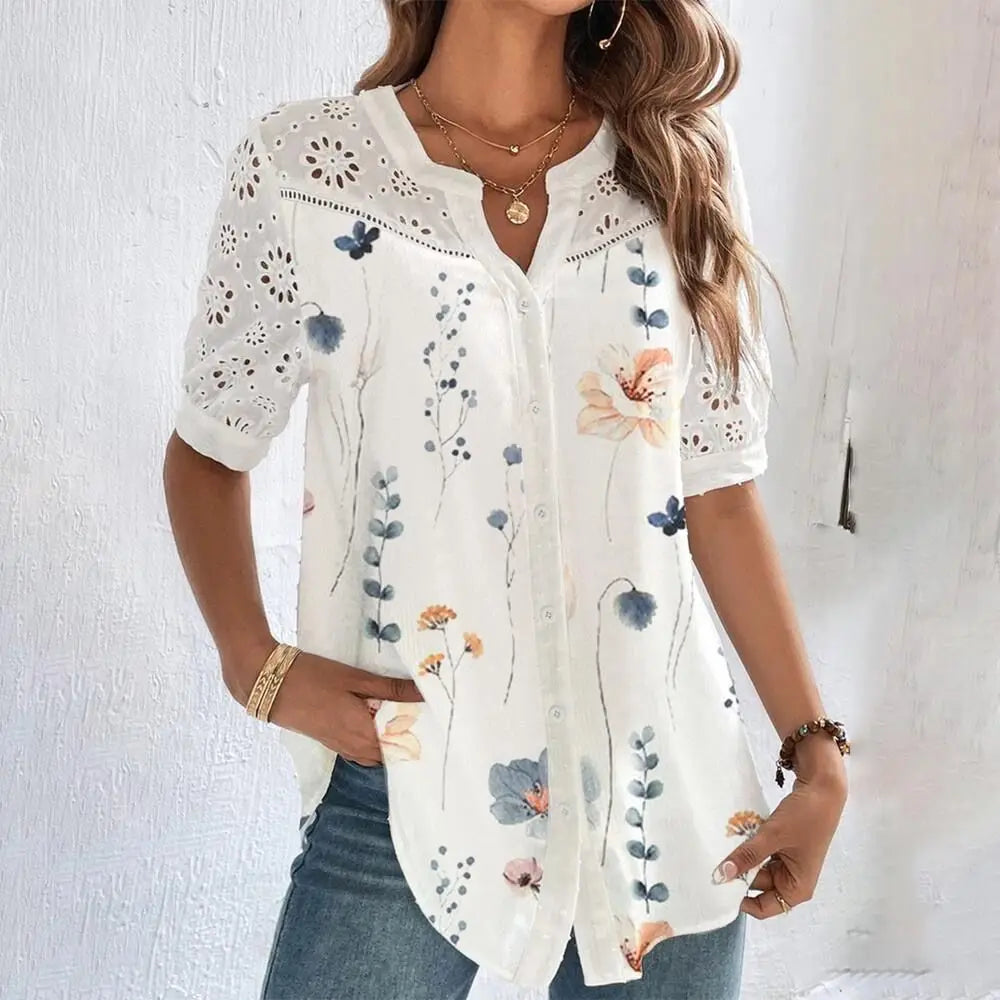 Temperament Casual Kant Vrouw Overhemd Mode Losse Shirt Vrouw Elegante Korte Mouw Blouse Vakantie Weekend