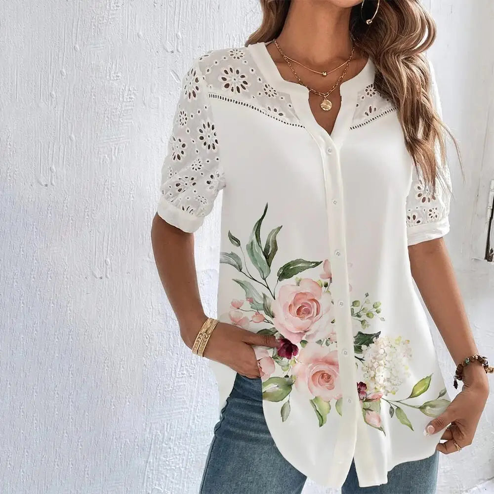 Temperament Casual Kant Vrouw Overhemd Mode Losse Shirt Vrouw Elegante Korte Mouw Blouse Vakantie Weekend