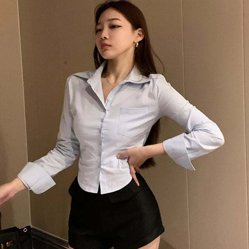 Gidyq Elegante Vrouwen Koreaanse Shirts Mode Streetwear Vrouwelijke Slanke Blouse Lente Y2K Casual Office Dames Sexy Cropped Tops Nieuw