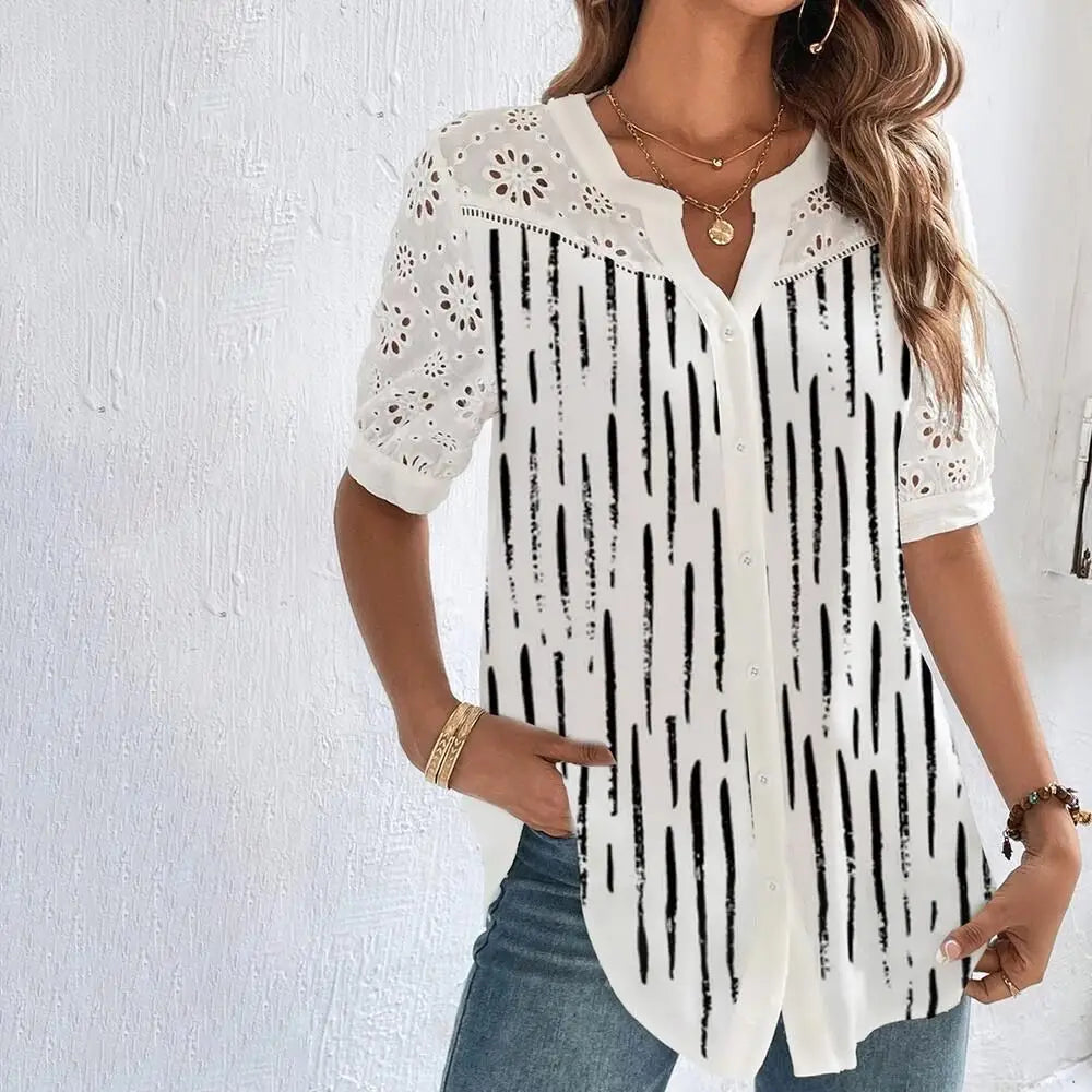 Temperament Casual Kant Vrouw Overhemd Mode Losse Shirt Vrouw Elegante Korte Mouw Blouse Vakantie Weekend