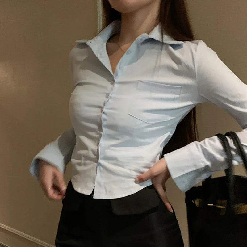Gidyq Elegante Vrouwen Koreaanse Shirts Mode Streetwear Vrouwelijke Slanke Blouse Lente Y2K Casual Office Dames Sexy Cropped Tops Nieuw