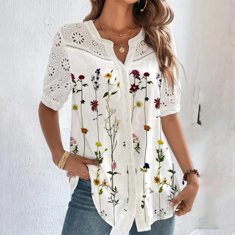 Temperament Casual Kant Vrouw Overhemd Mode Losse Shirt Vrouw Elegante Korte Mouw Blouse Vakantie Weekend